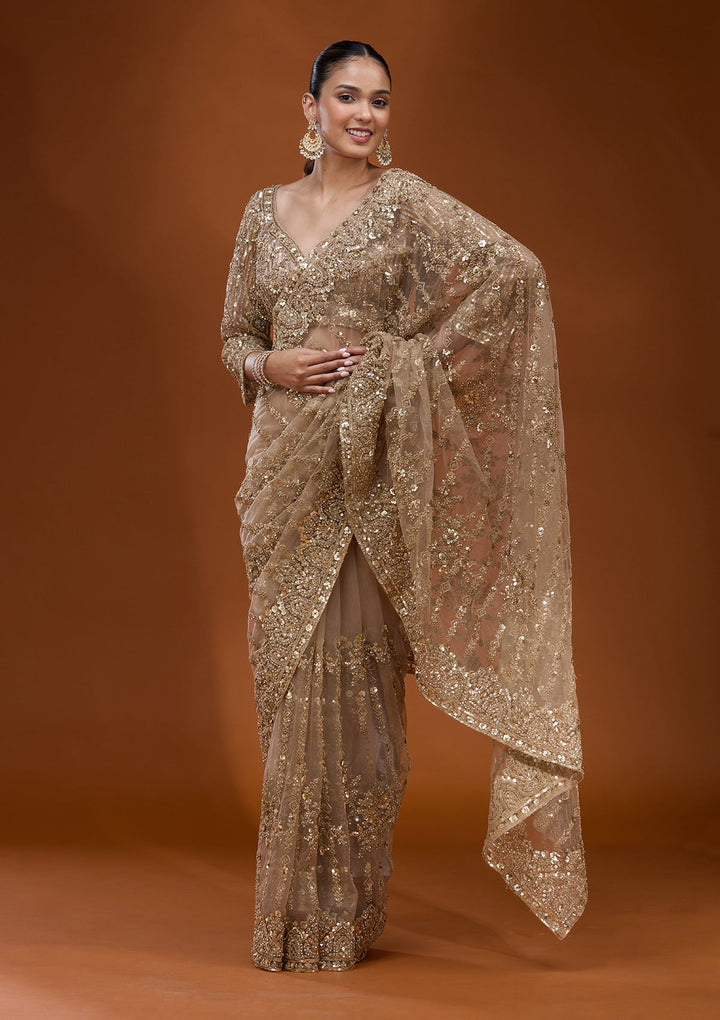 Beige Cording Net Saree