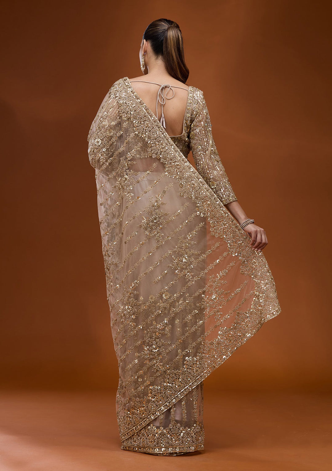 Beige Cording Net Saree