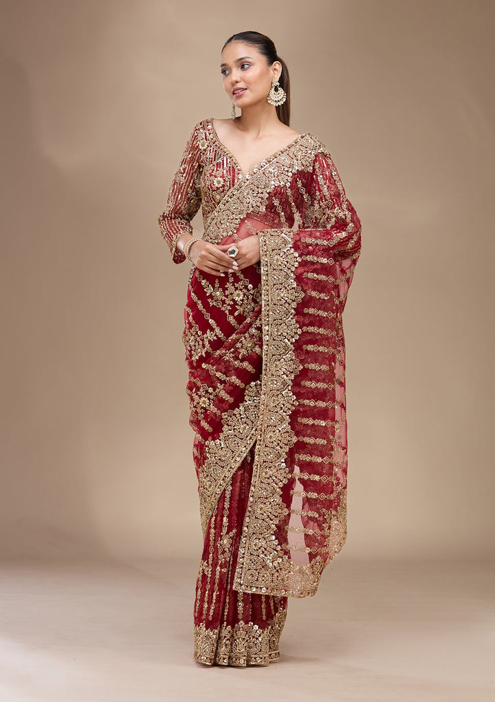 Maroon Cording Net Saree