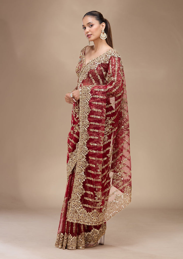 Maroon Cording Net Saree