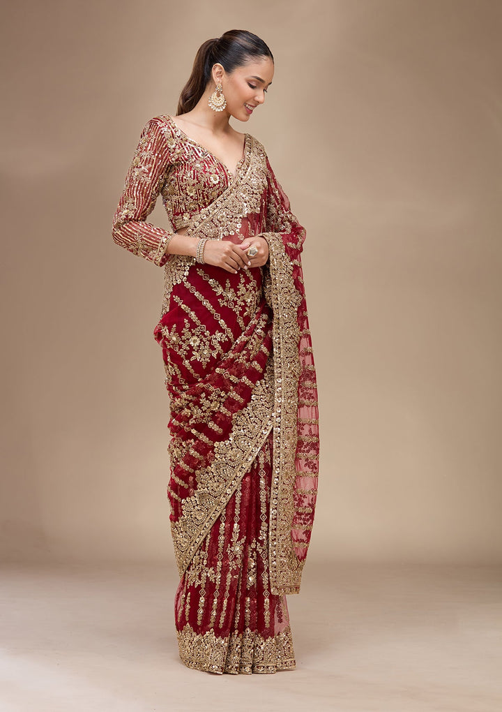 Maroon Cording Net Saree