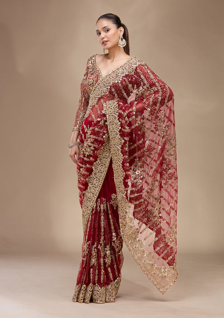 Maroon Cording Net Saree