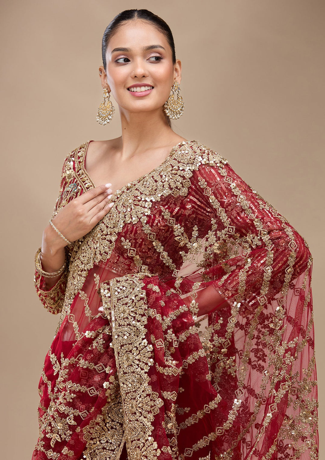 Maroon Cording Net Saree