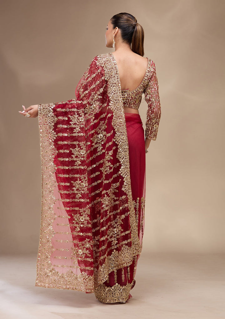 Maroon Cording Net Saree