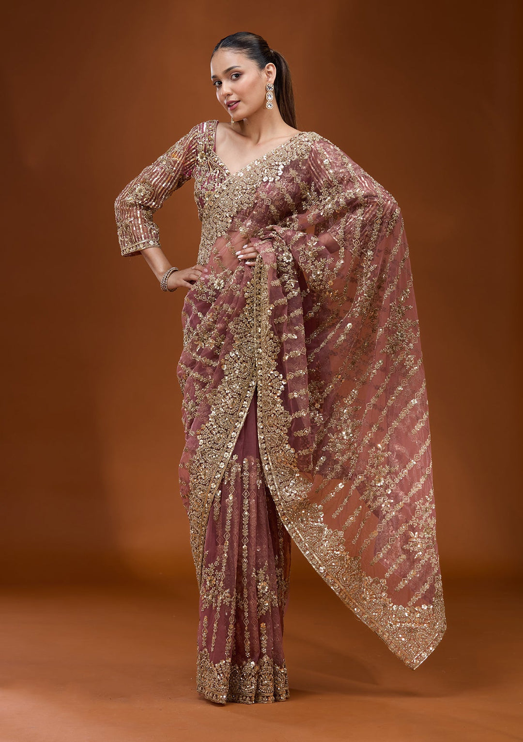 Onion Pink Cording Net Saree
