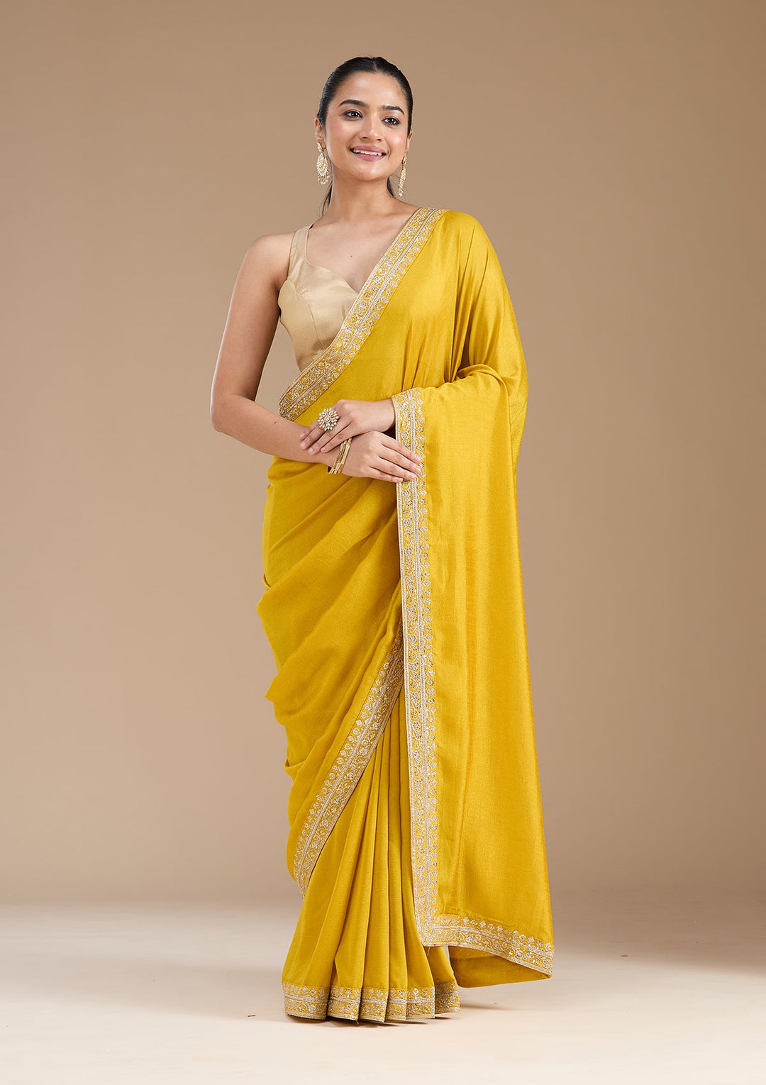 Mustard Zariwork (Gold) Soft Raw Silk Saree_koskii