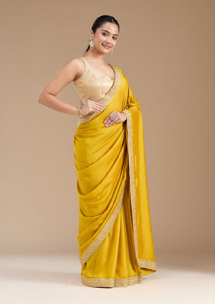 Mustard Zariwork (Gold) Soft Raw Silk Saree_koskii