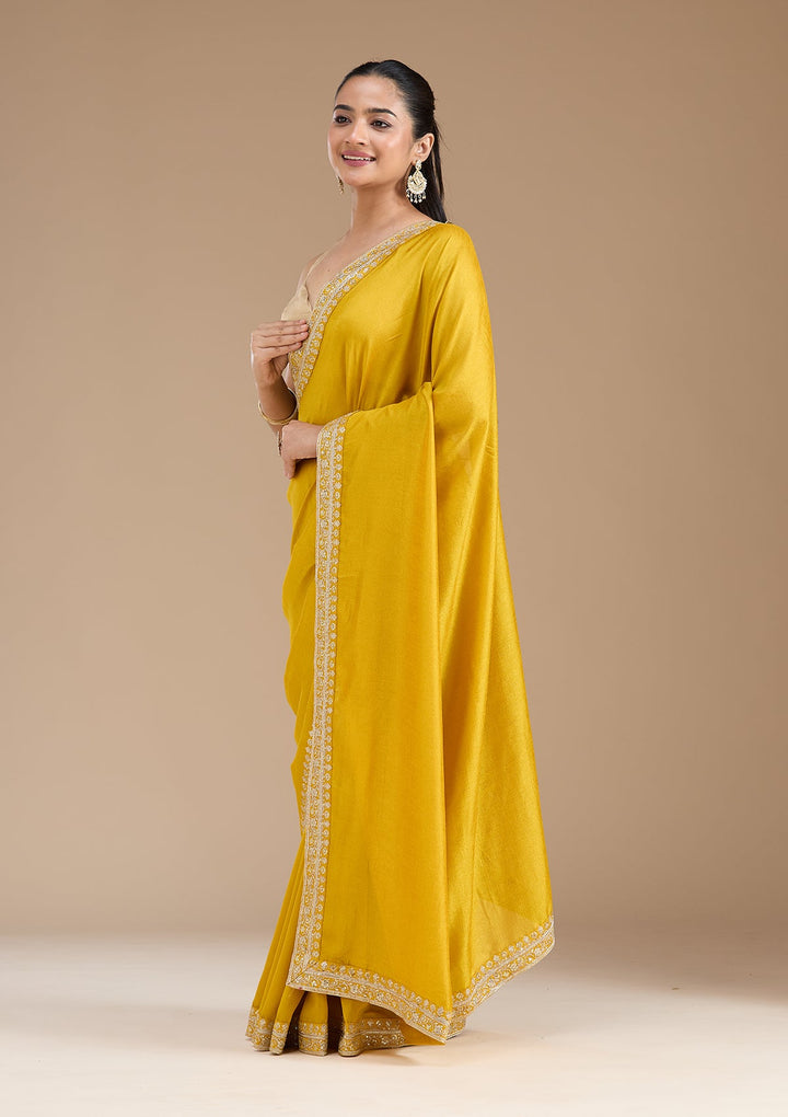 Mustard Zariwork (Gold) Soft Raw Silk Saree_koskii