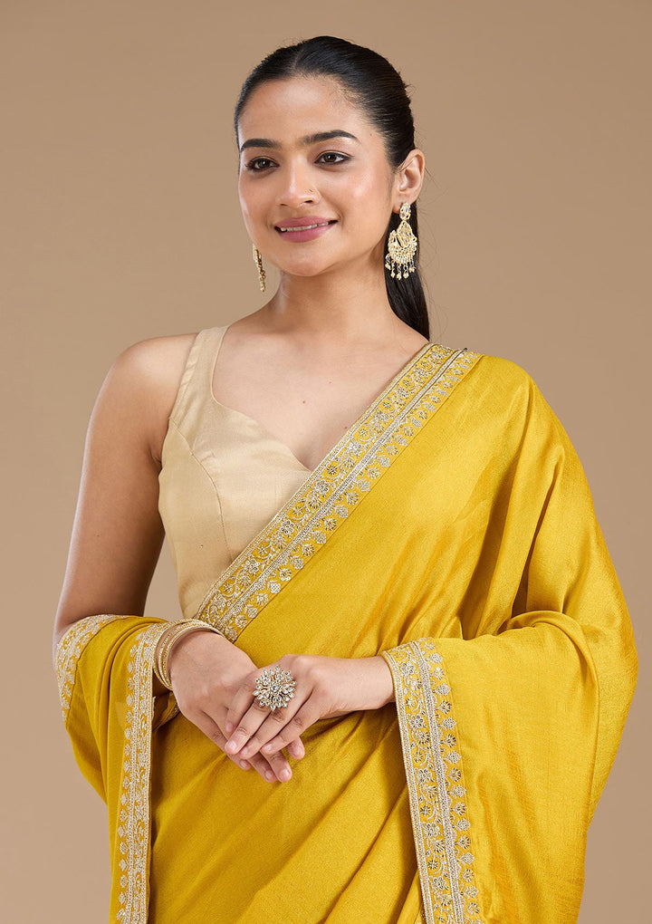 Mustard Zariwork (Gold) Soft Raw Silk Saree_koskii