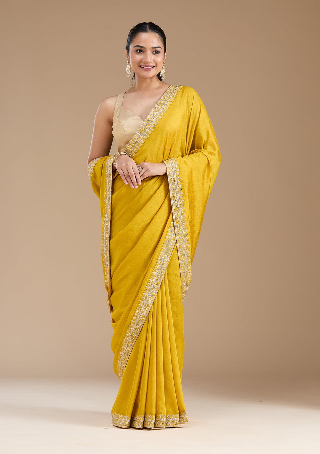 Mustard Zariwork (Gold) Soft Raw Silk Saree_koskii