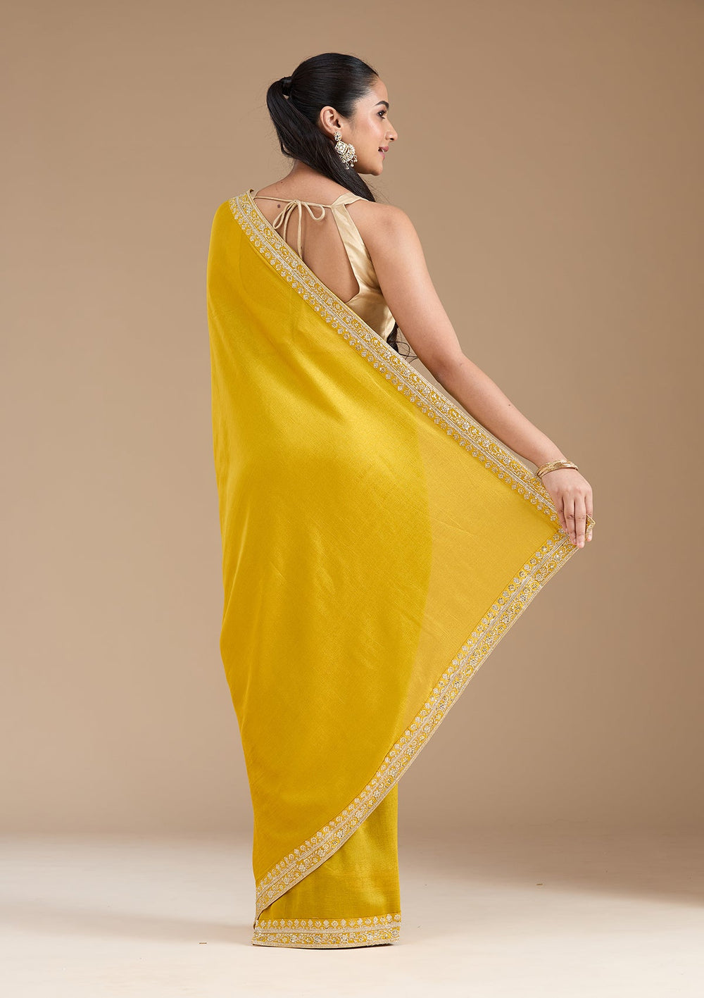 Mustard Zariwork (Gold) Soft Raw Silk Saree_koskii