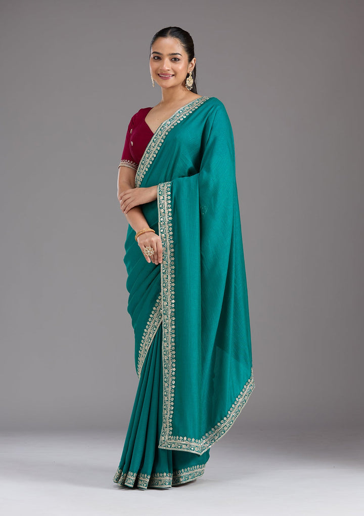 Rama Green Zariwork (Gold) Soft Raw Silk Saree_koskii