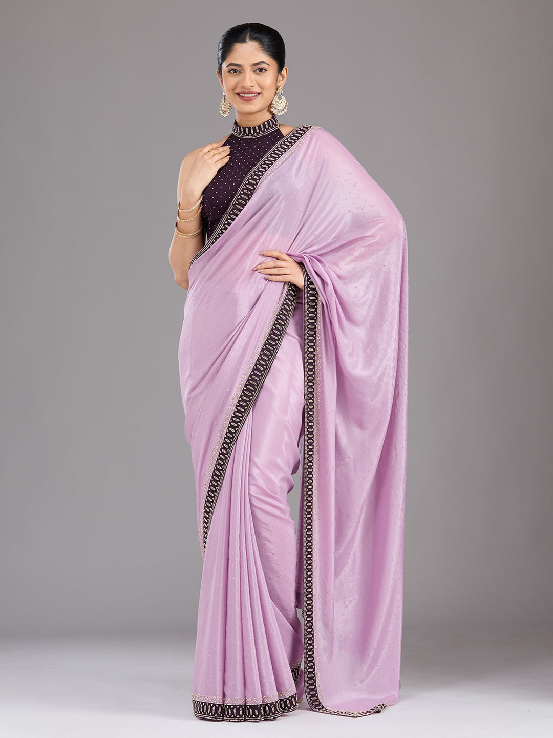 Lavender Stonework (Gold) Velvet Saree-Koskii