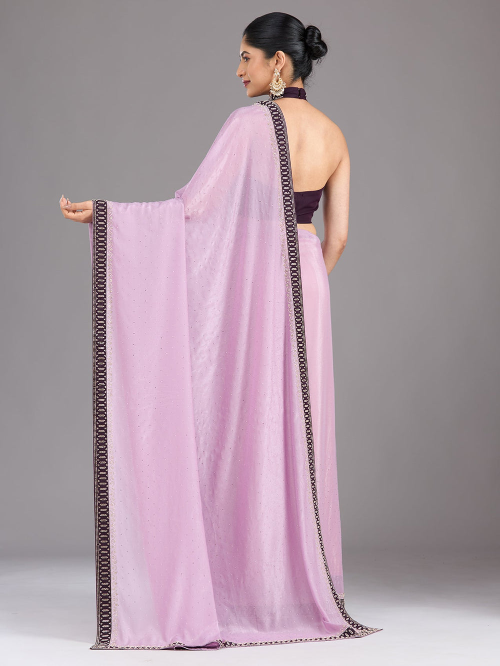 Lavender Stonework (Gold) Velvet Saree-Koskii