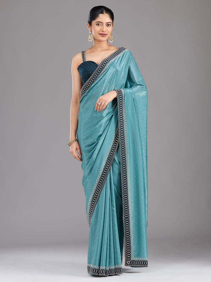 Sea Green Stonework (Silver) Chiffon Saree-Koskii
