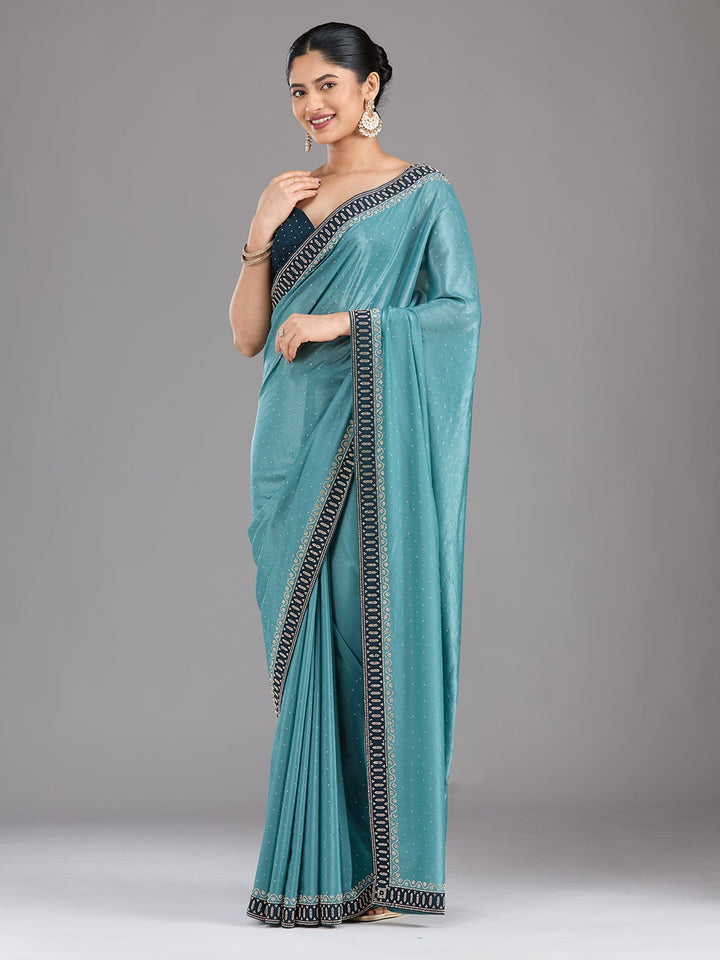 Sea Green Stonework (Silver) Chiffon Saree-Koskii