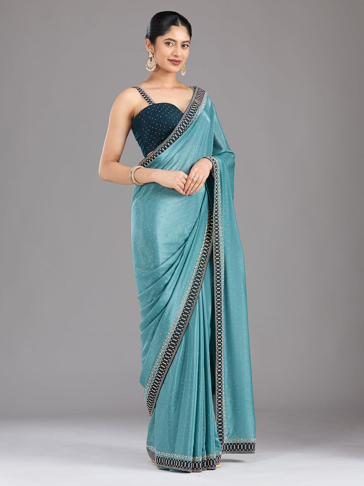 Sea Green Stonework (Silver) Chiffon Saree-Koskii