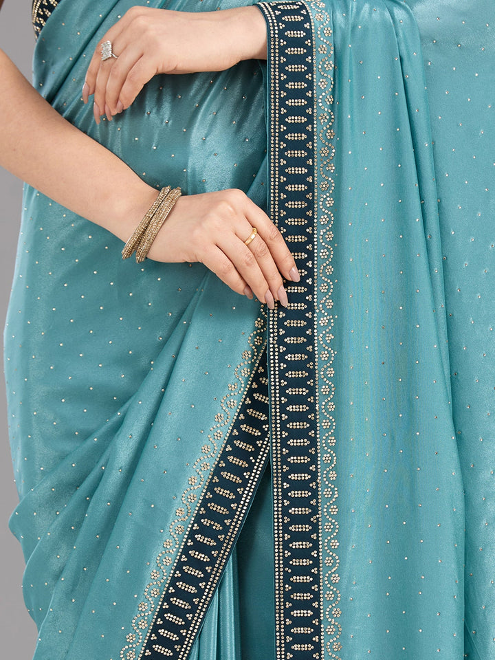 Sea Green Stonework (Silver) Chiffon Saree-Koskii