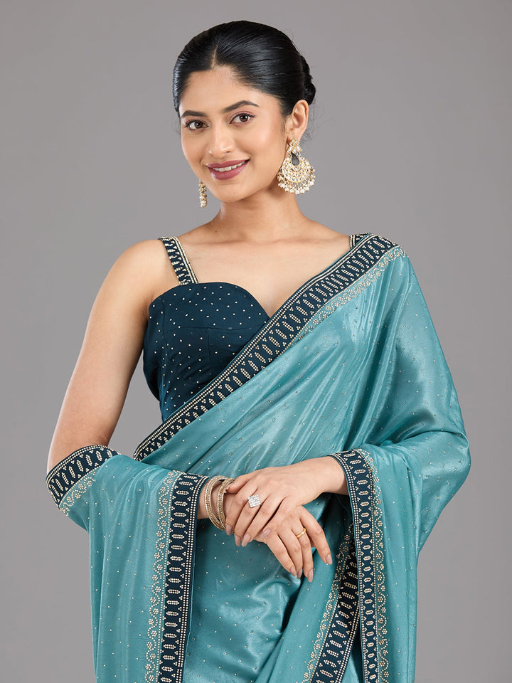 Sea Green Stonework (Silver) Chiffon Saree-Koskii