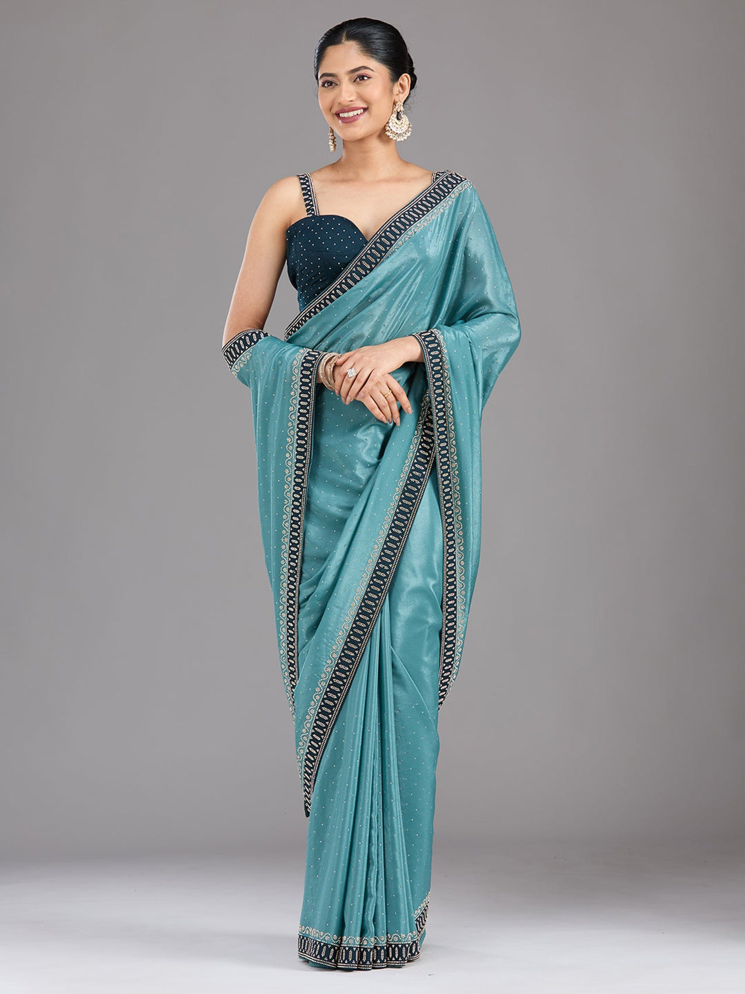 Sea Green Stonework (Silver) Chiffon Saree-Koskii