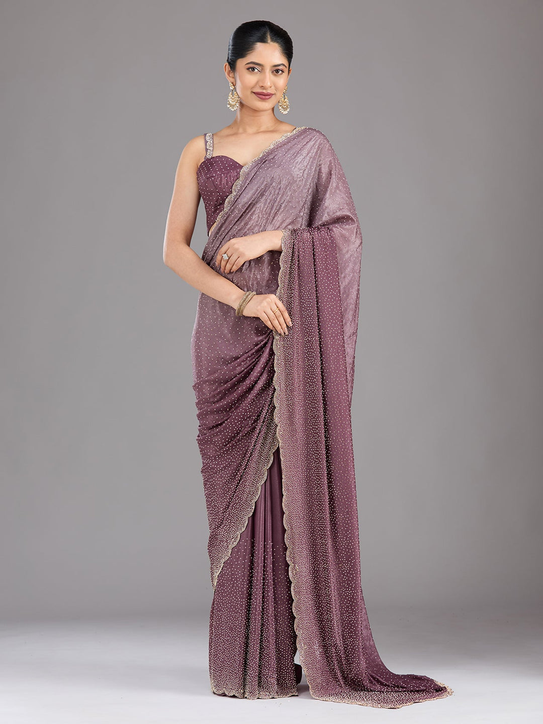 Lavender Stonework (Gold) Satin Saree-Koskii