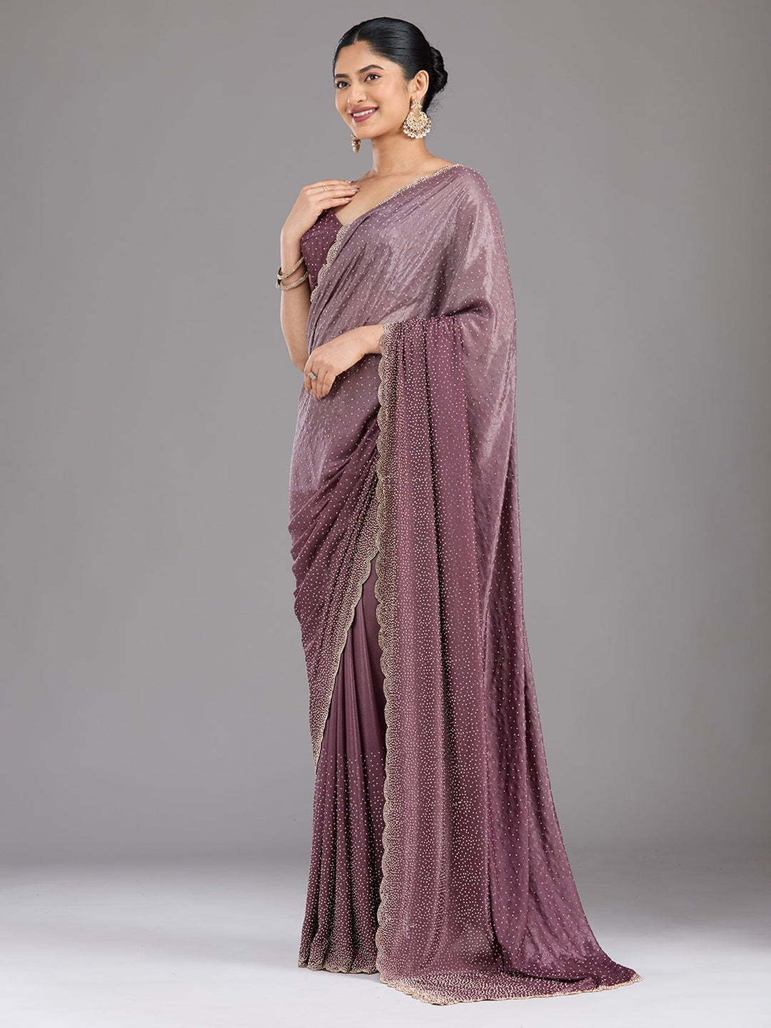 Lavender Stonework (Gold) Satin Saree-Koskii