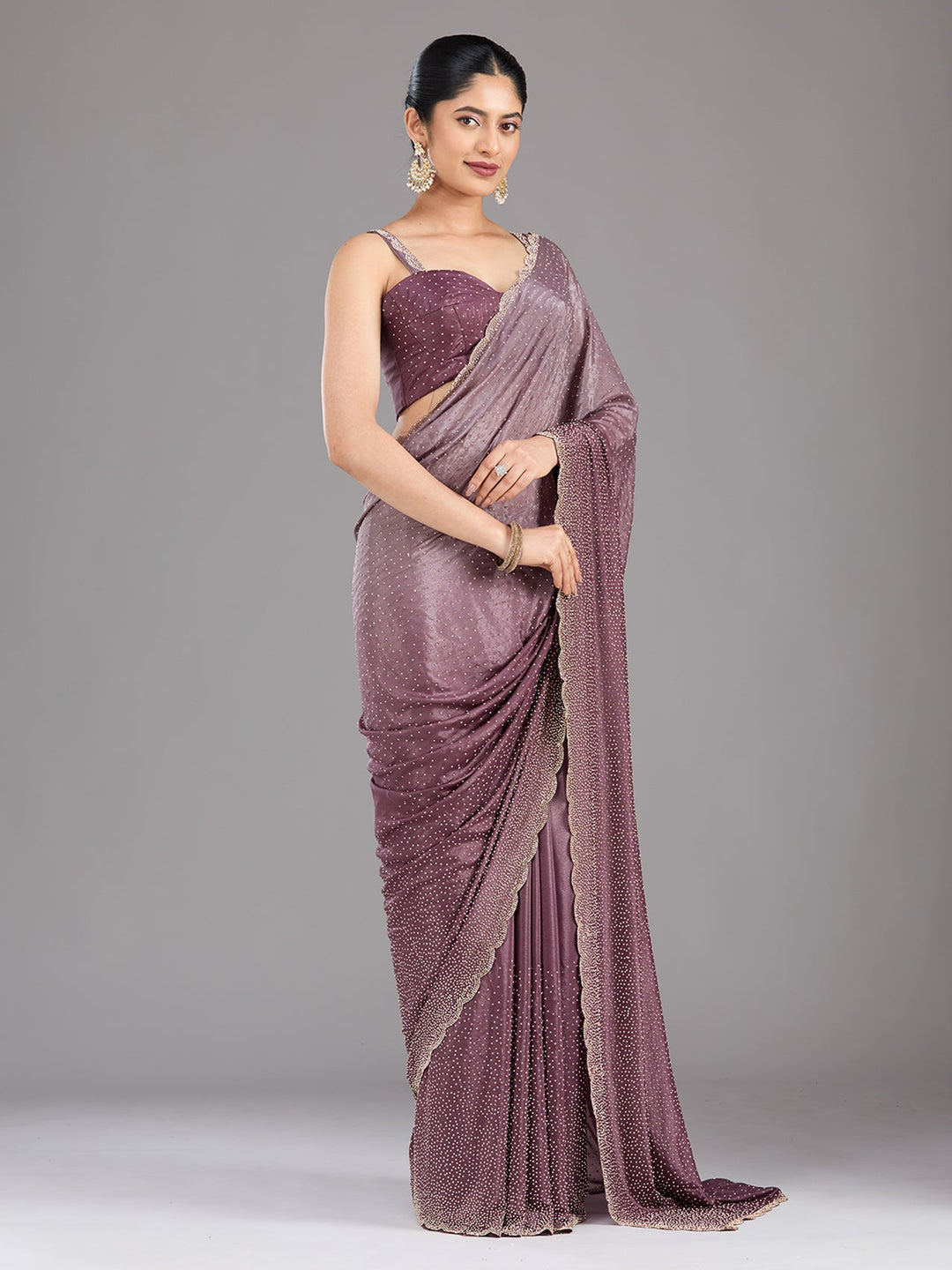 Lavender Stonework (Gold) Satin Saree-Koskii