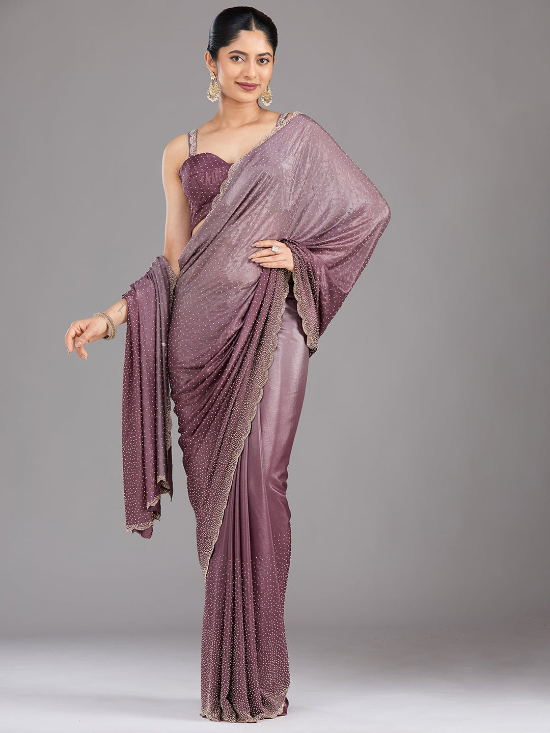 Lavender Stonework (Gold) Satin Saree-Koskii
