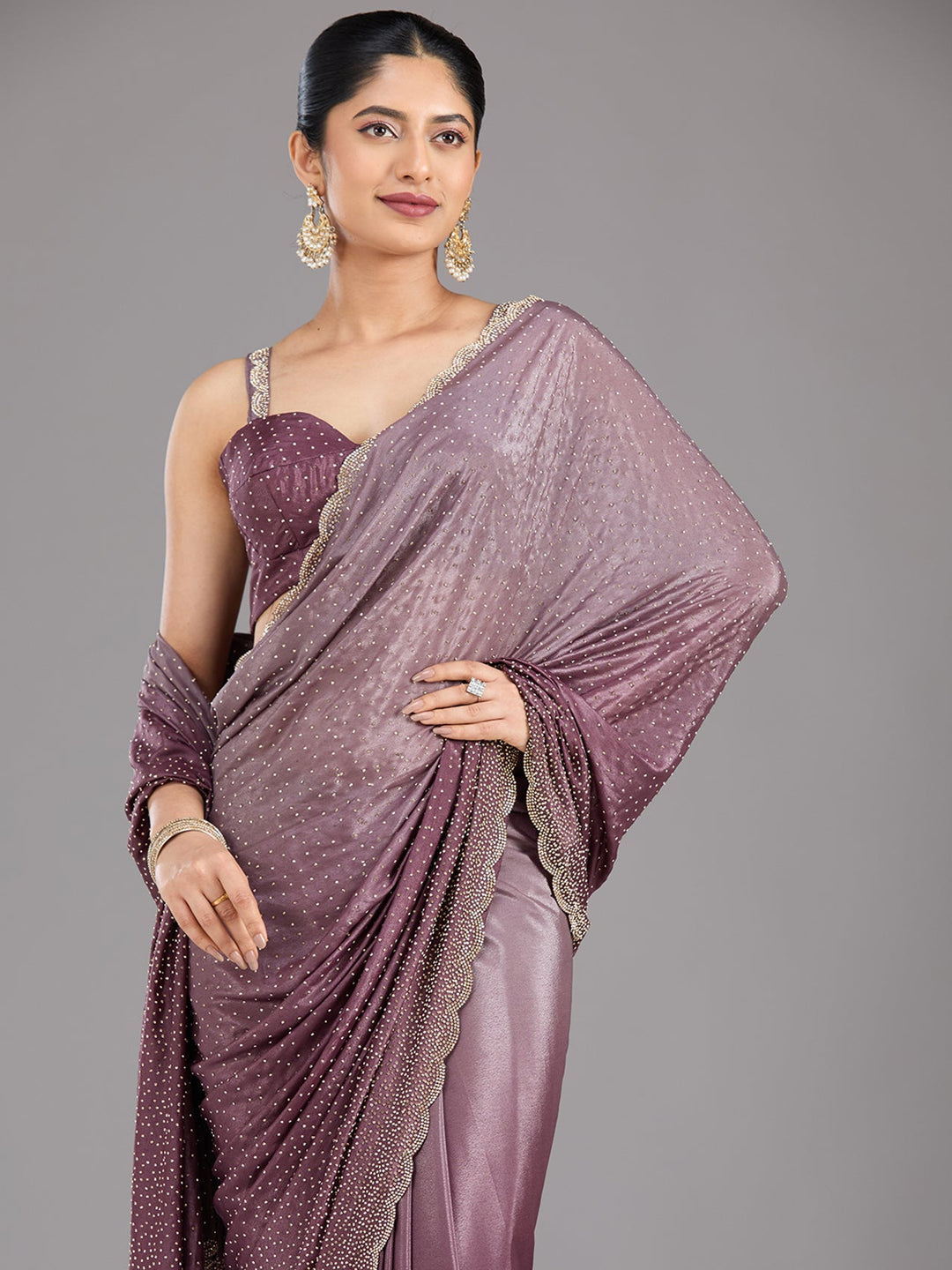Lavender Stonework (Gold) Satin Saree-Koskii