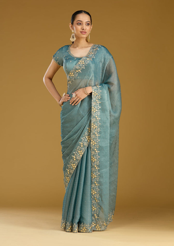 Blue Zariwork (Gold) Tissue Saree