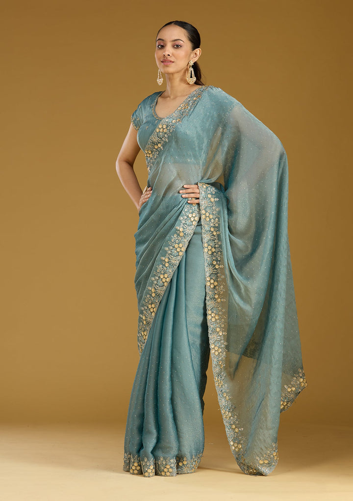 Blue Zariwork (Gold) Tissue Saree