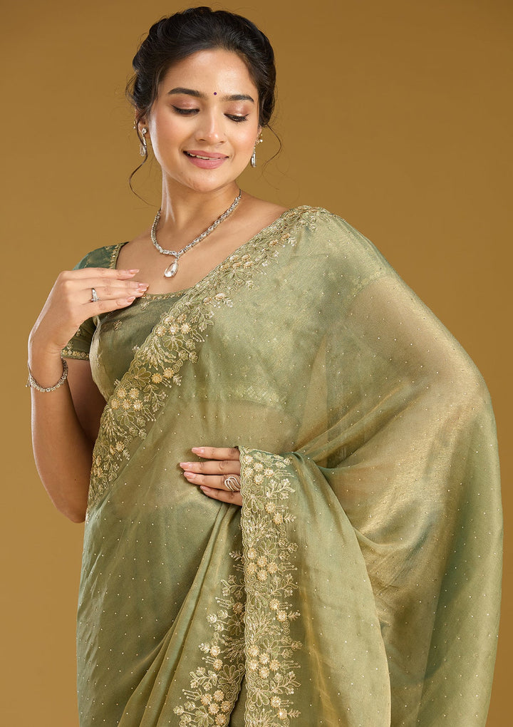 Mehandi Green Zariwork (Gold) Tissue Saree