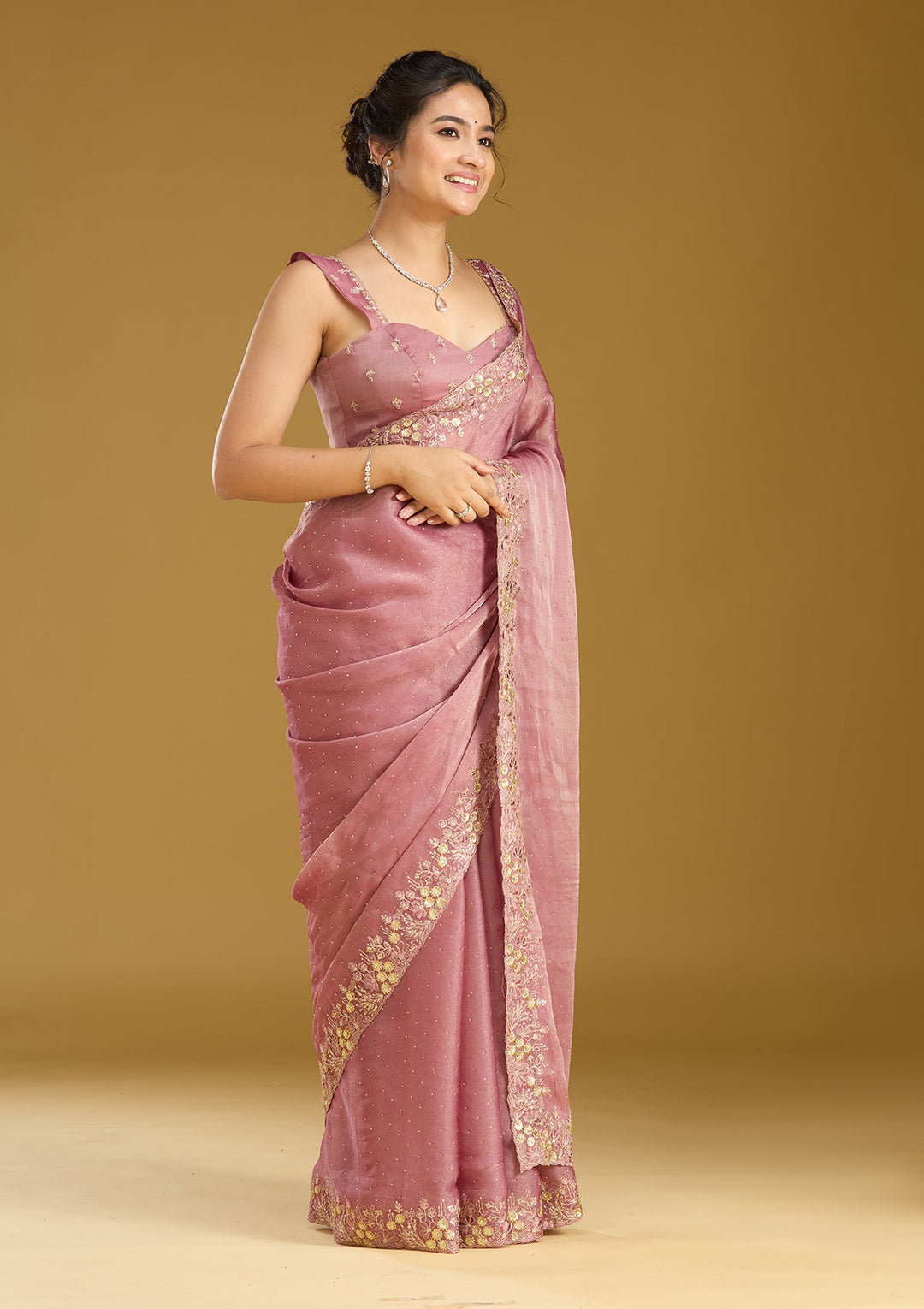 Onion Pink Zariwork (Gold) Tissue Saree