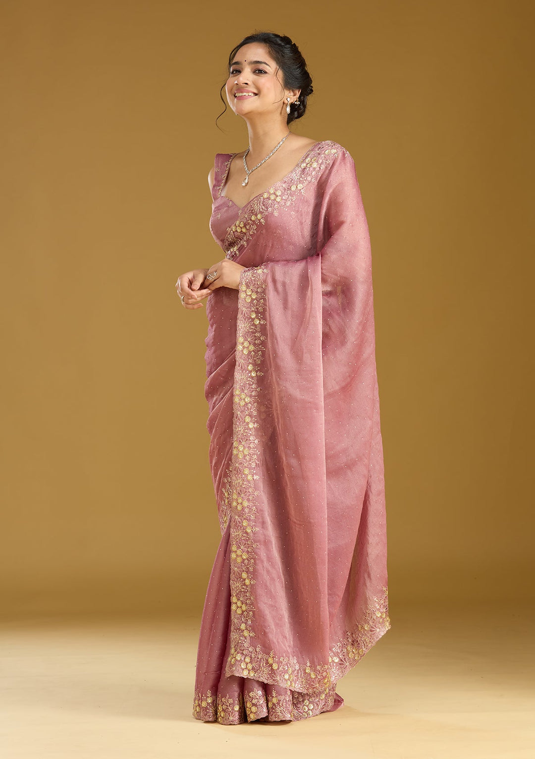 Onion Pink Zariwork (Gold) Tissue Saree