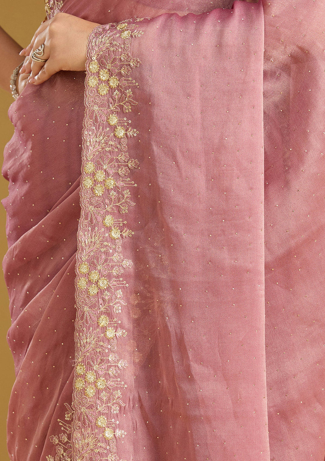 Onion Pink Zariwork (Gold) Tissue Saree