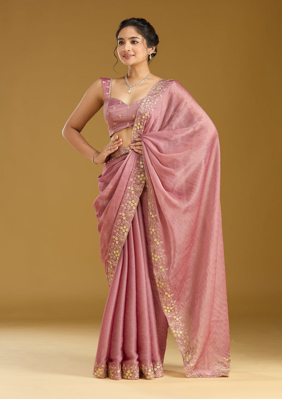 Onion Pink Zariwork (Gold) Tissue Saree