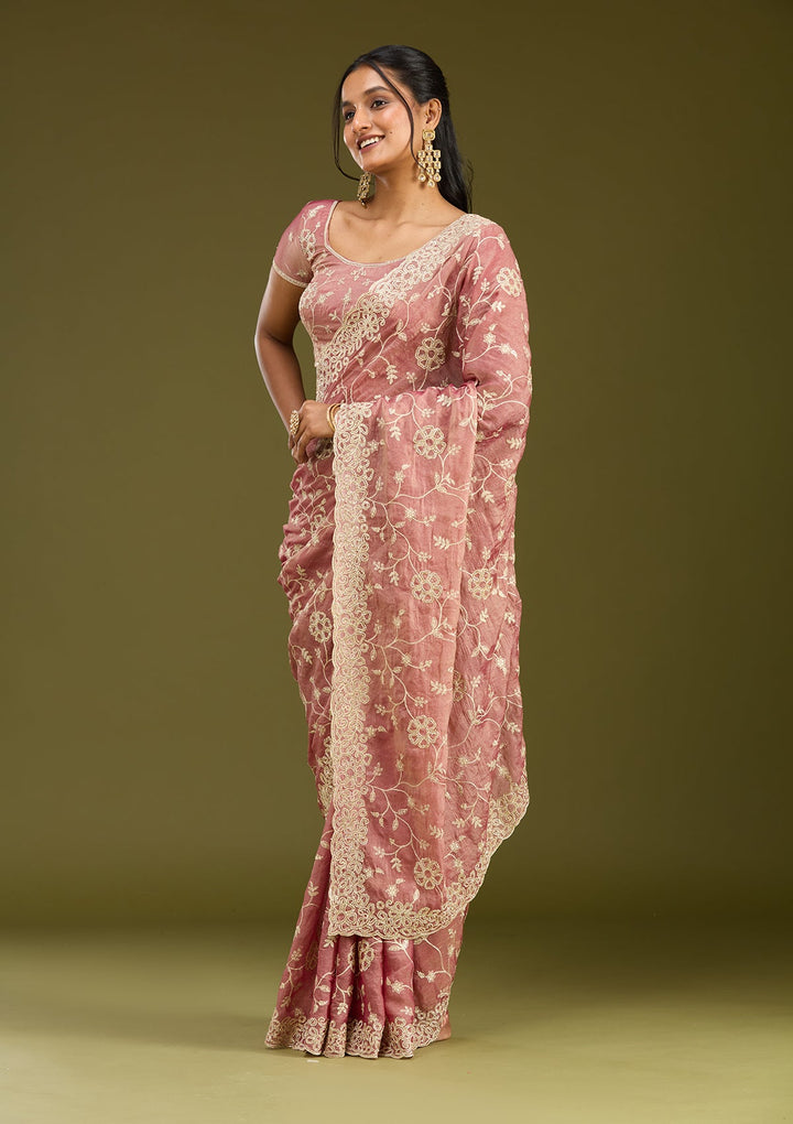Onion Pink Zariwork (Silver) Tissue Saree