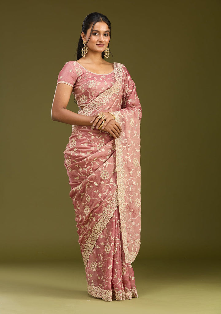 Onion Pink Zariwork (Silver) Tissue Saree