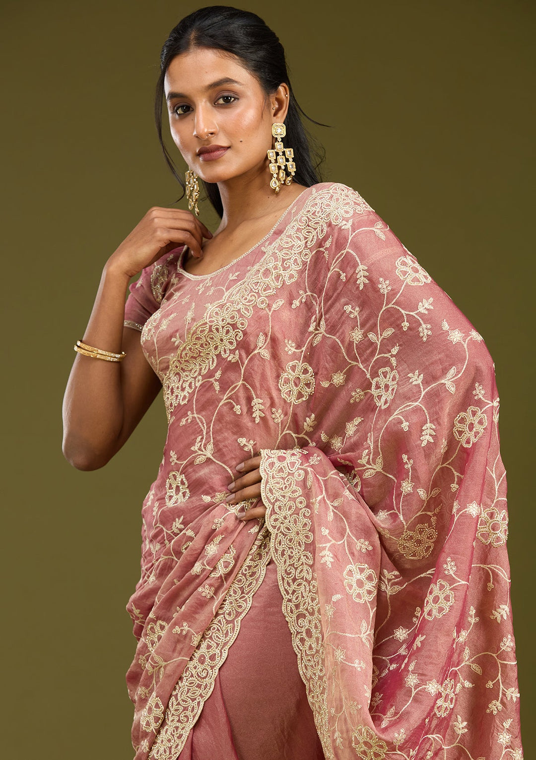 Onion Pink Zariwork (Silver) Tissue Saree