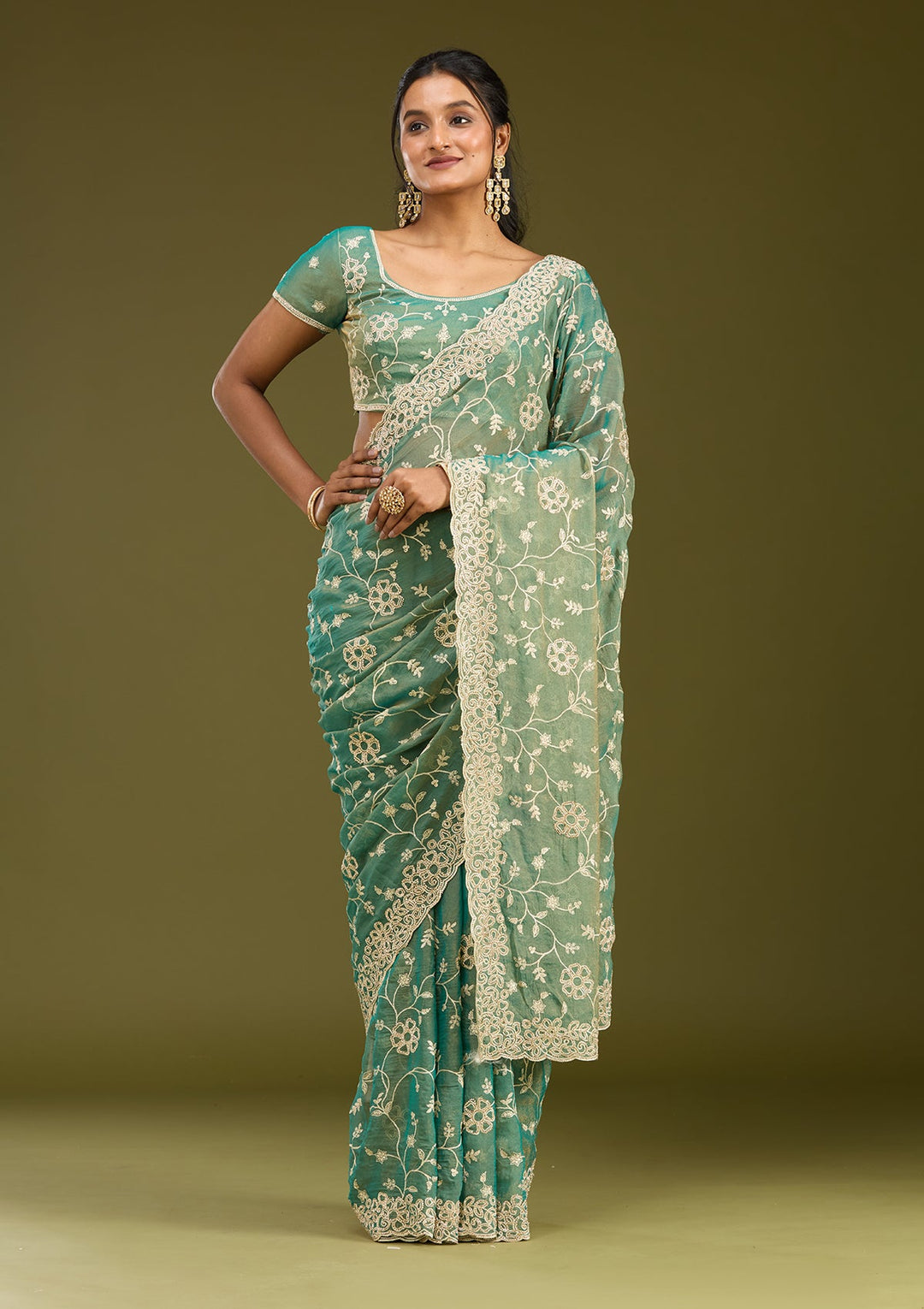 Rama Green Zariwork (Silver) Tissue Saree
