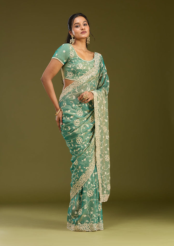 Rama Green Zariwork (Silver) Tissue Saree