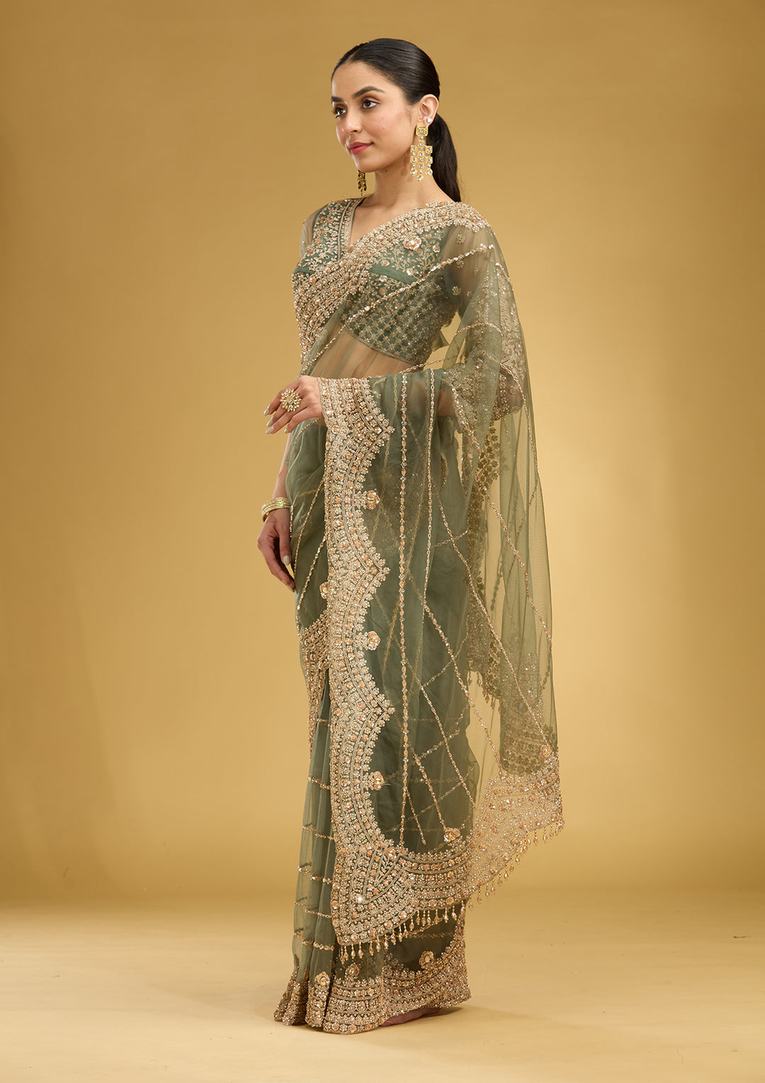 Mehendi Zariwork (Antique) Net Saree