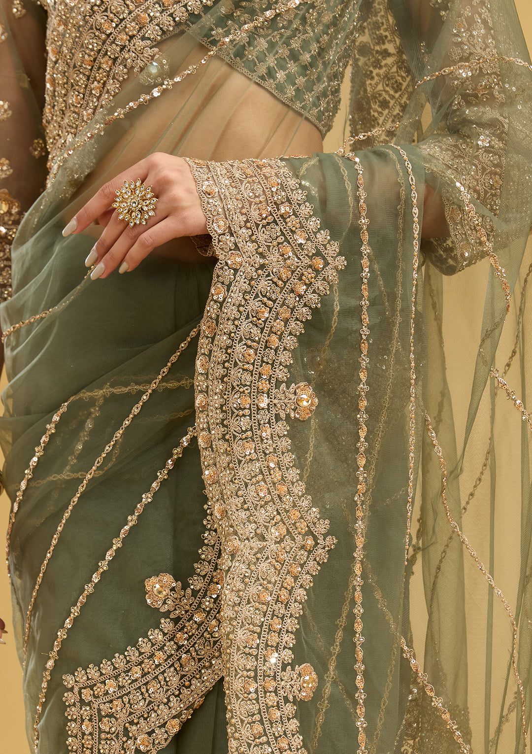 Mehendi Zariwork (Antique) Net Saree