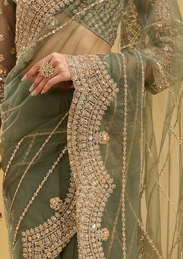 Mehendi Zariwork (Antique) Net Saree