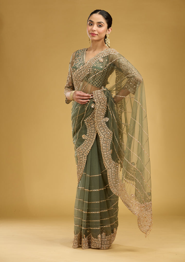 Mehendi Zariwork (Antique) Net Saree