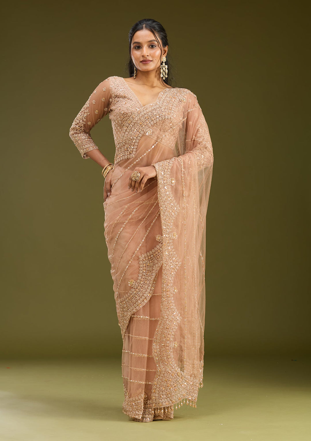 Peach Zariwork (Antique) Net Saree