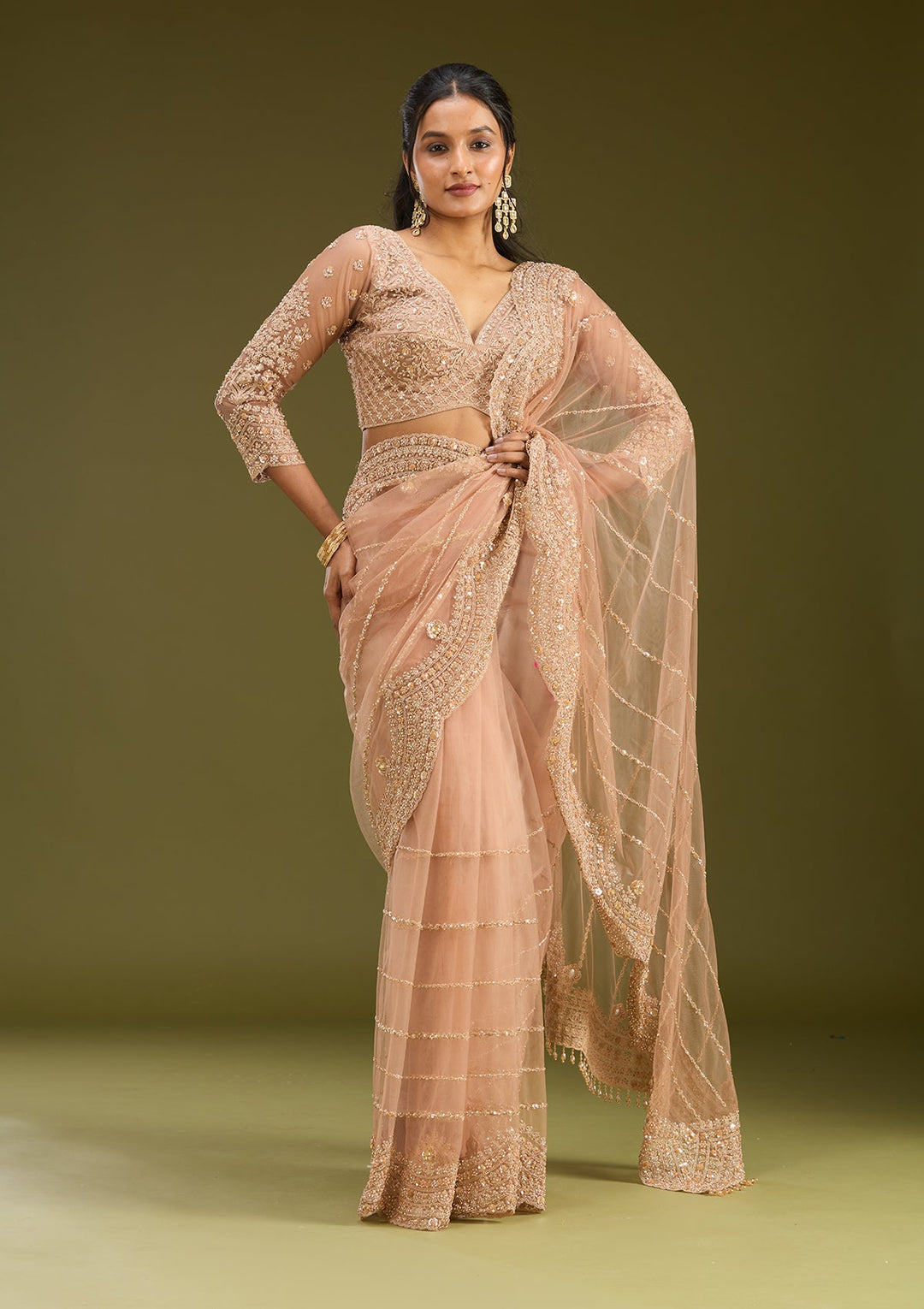 Peach Zariwork (Antique) Net Saree