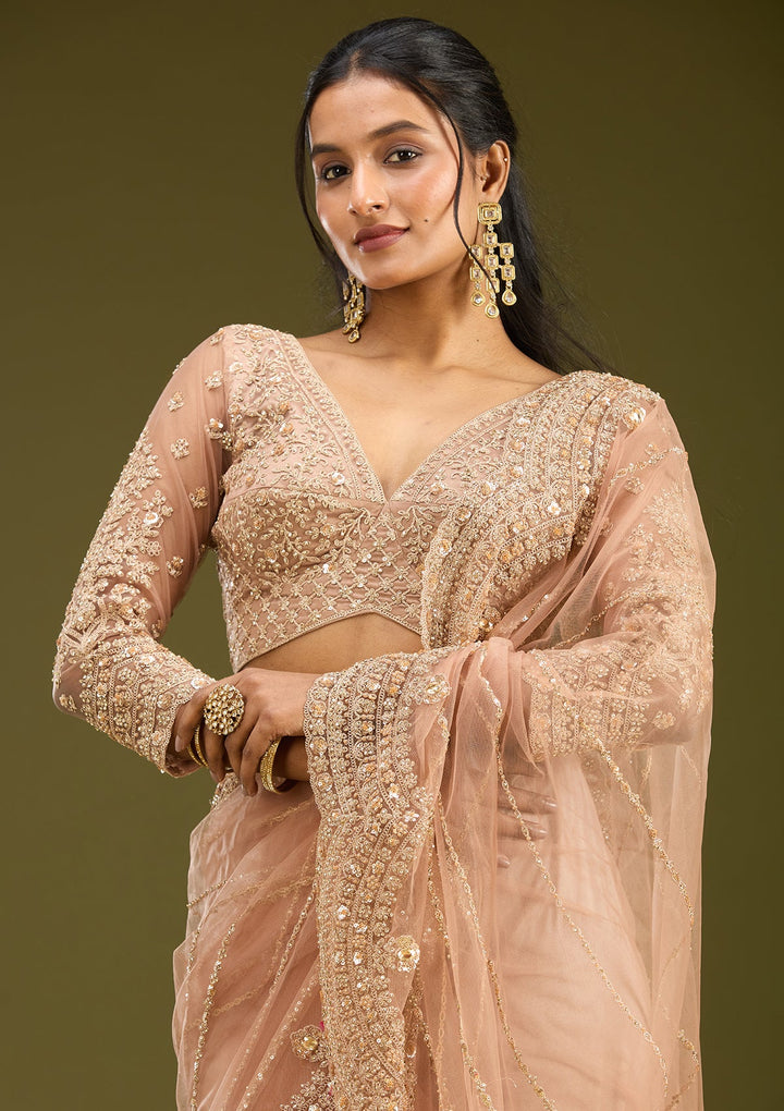 Peach Zariwork (Antique) Net Saree
