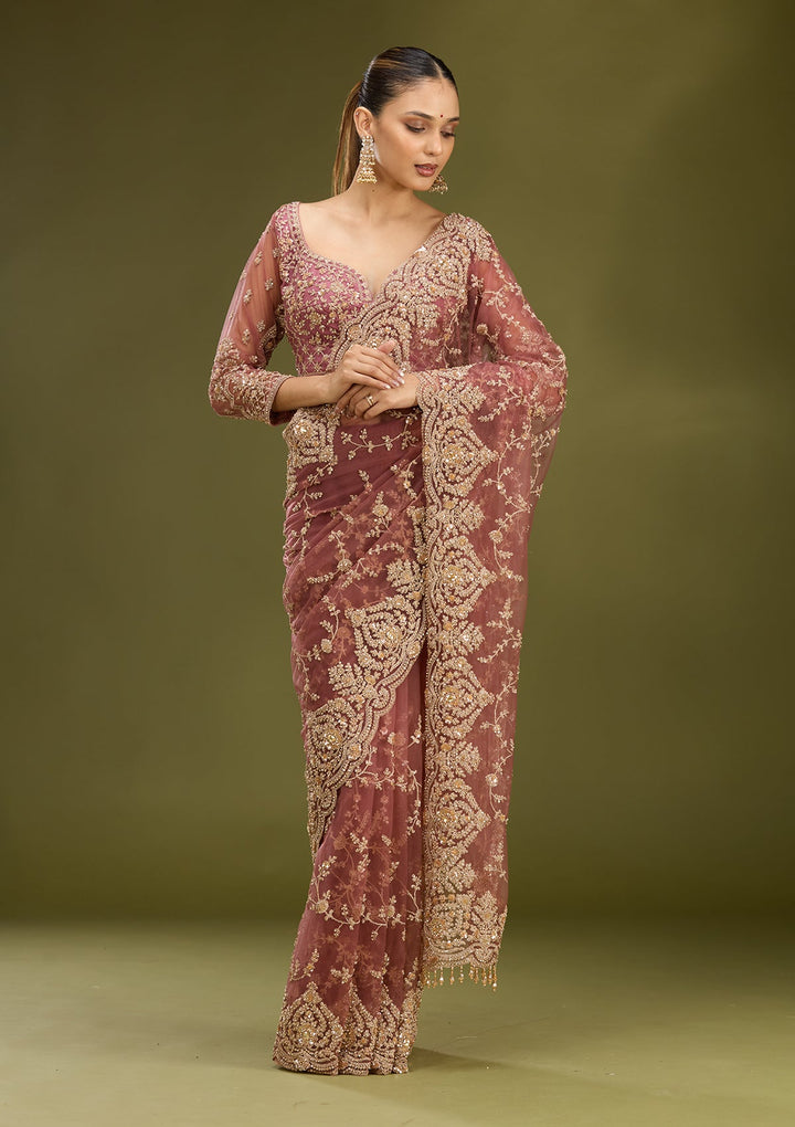 Onion Pink Zariwork (Gold) Net Saree