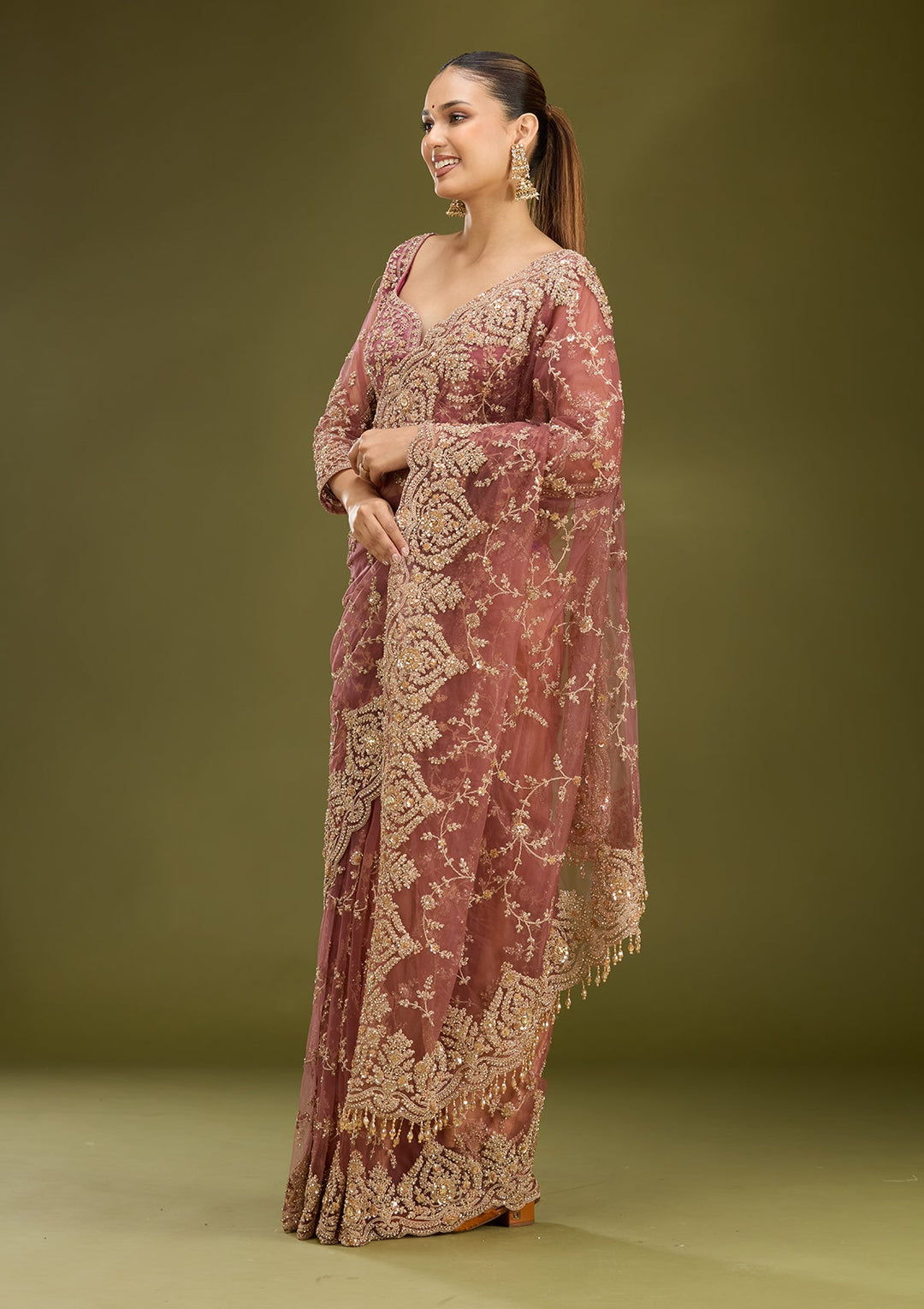Onion Pink Zariwork (Gold) Net Saree